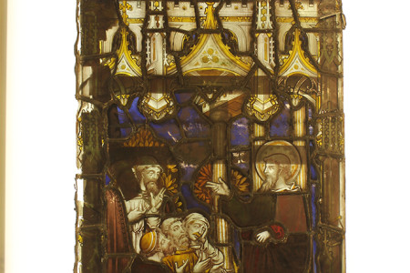 Pre-conservation photograph documenting stained glass window from Bangor Cathedral.