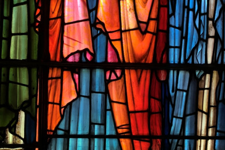 Close-up from the East window of the robes of the heavenly hosts.