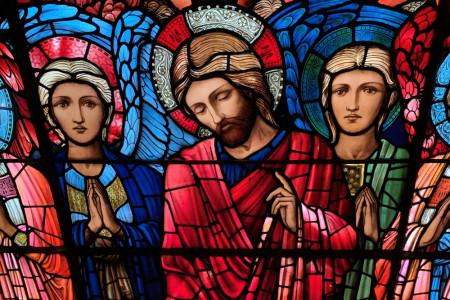 Jesus and heavenly hosts in the East window.